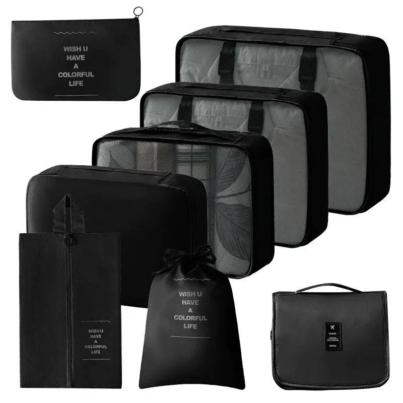 organisateur voyage polyester beige clair cube rangement pliable sac accessoires vêtements chaussures tranches bandes noires fonctionnel