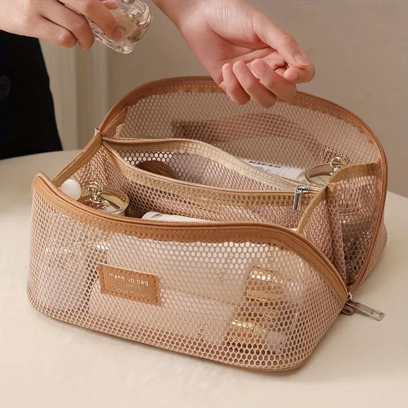 trousse de maquillage en tissu filet translucide grande capacité, pochette de voyage essentielle pour articles de toilette, trousse de maquillage multifonctionnelle