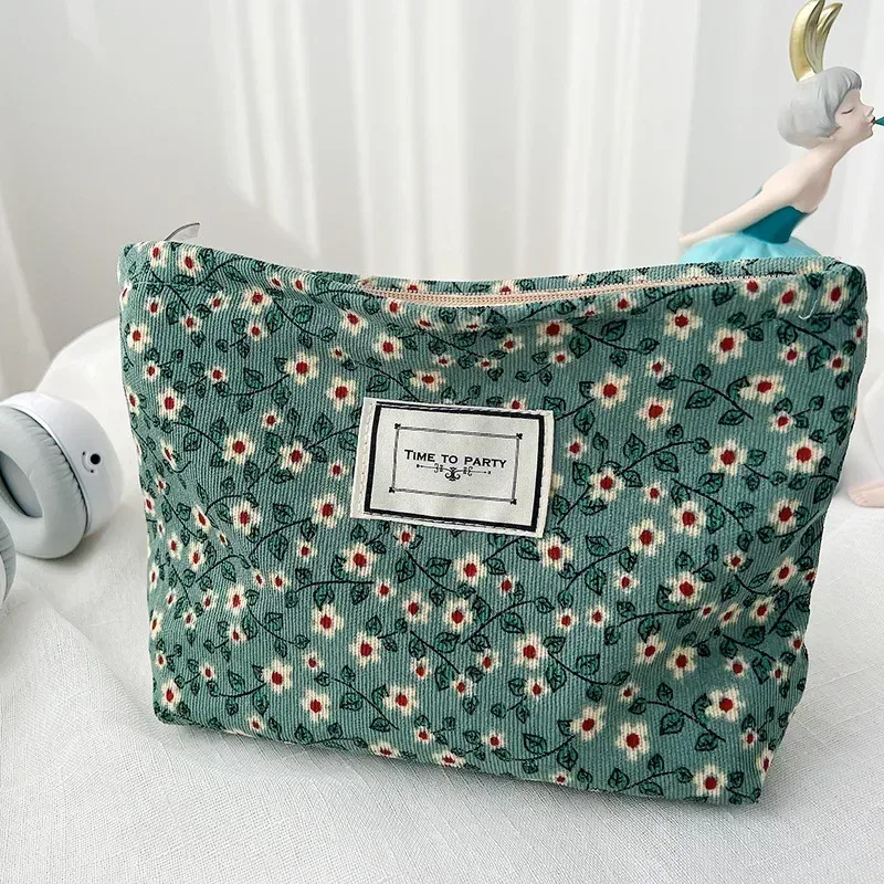 sacs de maquillage en velours côtelé pour femmes, sac à cosmétiques imprimé floral, trousse à crayons, trousse de toilette de voyage, sac de rangement, organisateur, trousse de beauté