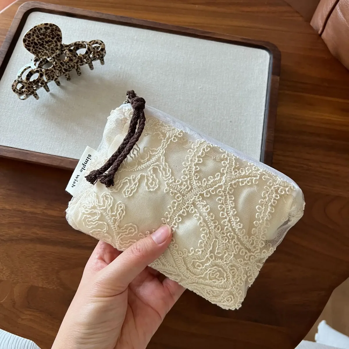 mini sac à maquillage rétro en dentelle brodée, porte-monnaie à fermeture éclair, petit organisateur de cosmétiques, pochette pour serviettes hygiéniques, porte-cartes
