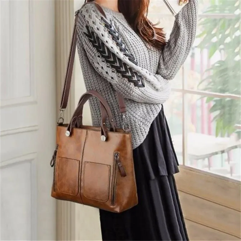 sac à main en cuir rétro europe america, sac à bandoulière, fourre-tout à deux poches avec fermeture éclair, sacs à bandoulière classiques pour femmes, travail et affaires