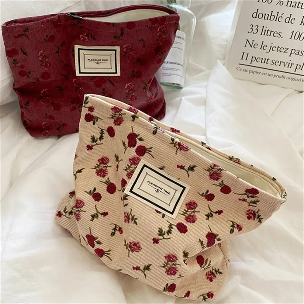 sac à cosmétiques en velours côtelé de grande capacité pour femme, trousse de maquillage à fermeture éclair, pochette de rangement de cosmétiques de voyage portable