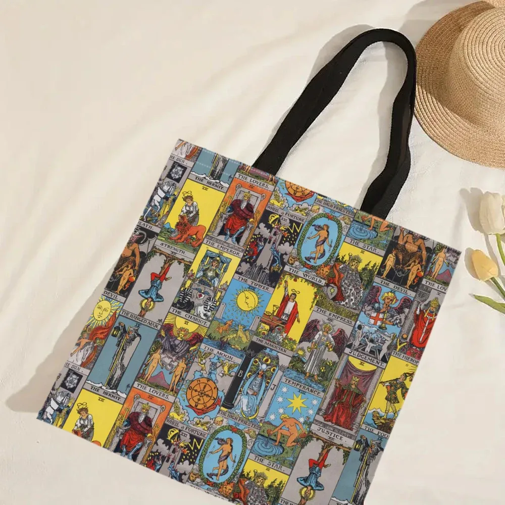 sac fourre-tout imprimé l'arcanes majeurs du tarot, sac à main de shopping pour filles, sac de shopping à bandoulière décontracté, fourre-tout de plage en plein air