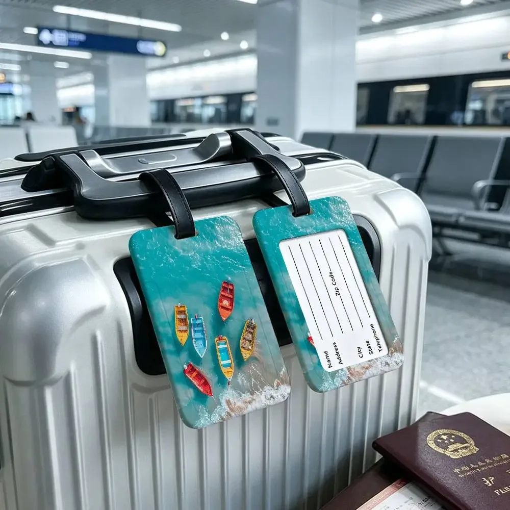 étiquette de bagage en pvc avec carte d'informations, motif mer, océan, bateau, art mural, étiquette anti-perte pour valise, sac à dos, accessoire de voyage