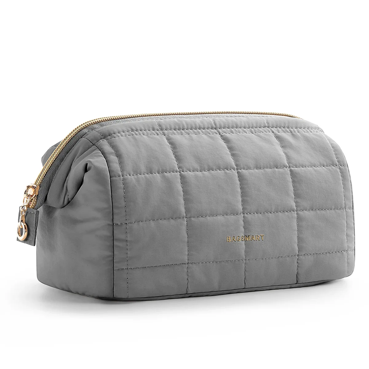 trousse toilette cosmétique taslan rose motif coutures quadrillées rectangulaire glissière dorée voyage femmes maquillage