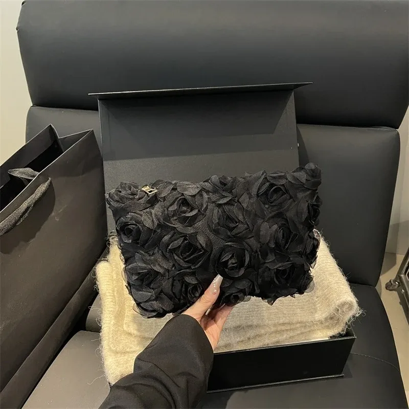 sac de maquillage portable noir pour femmes, grande capacité, dentelle blanche, fleurs, pochette cosmétique, sac à main pour dames, sac de rangement de toilette de voyage