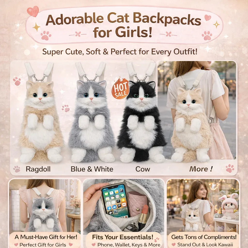 sac à dos en peluche chat mignon pour filles, sac animal kawaii 14 pouces, sac à bandoulière chaton doux pour tenues de tous les jours et cadeaux