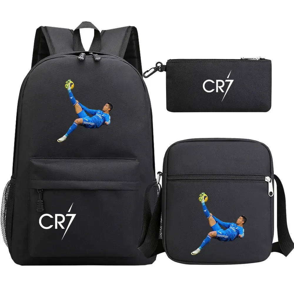 football star cr7 3 pièces garçon fille retour à l'école livre sacs, étudiant sac à bandoulière porte-crayon sac à dos, adolescents mochila hommes femmes