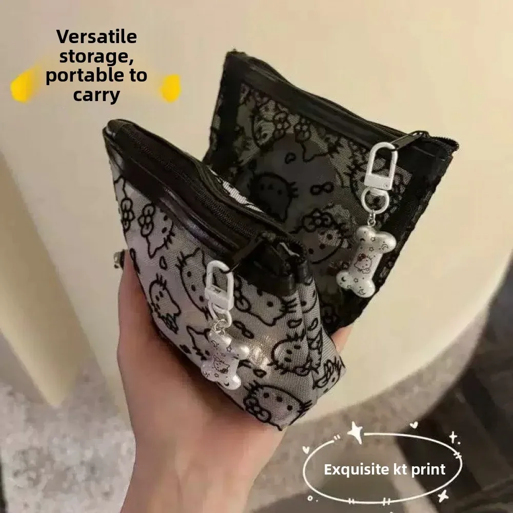 sac de rangement pour chatons, grande capacité, portable, sac à maquillage en maille noire, mignon et résistant à la saleté
