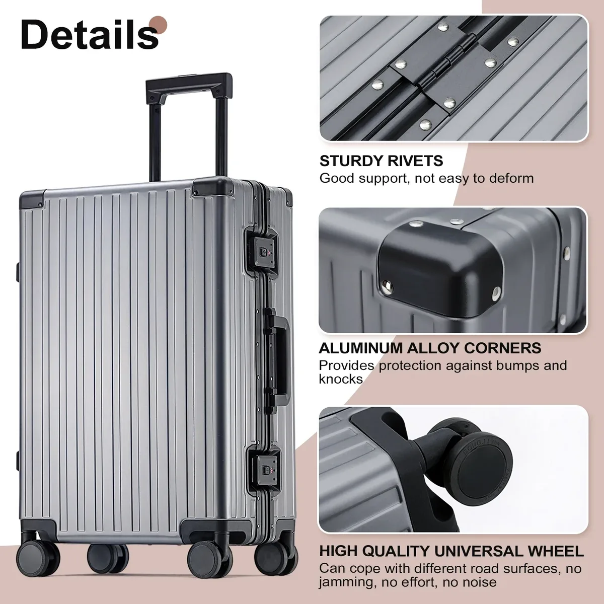 valise trolley 100 % aluminium, bagage de voyage de luxe, roues universelles, tsa, pour hommes et femmes, bagage léger, bagage cabine.