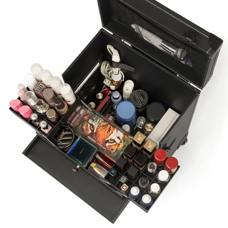 mallette de maquillage d'artiste de maquillage professionnel, étui à roulettes d'artiste, boîte à outils de tatoueur, bagage et boîte de rangement d'articles de beauté