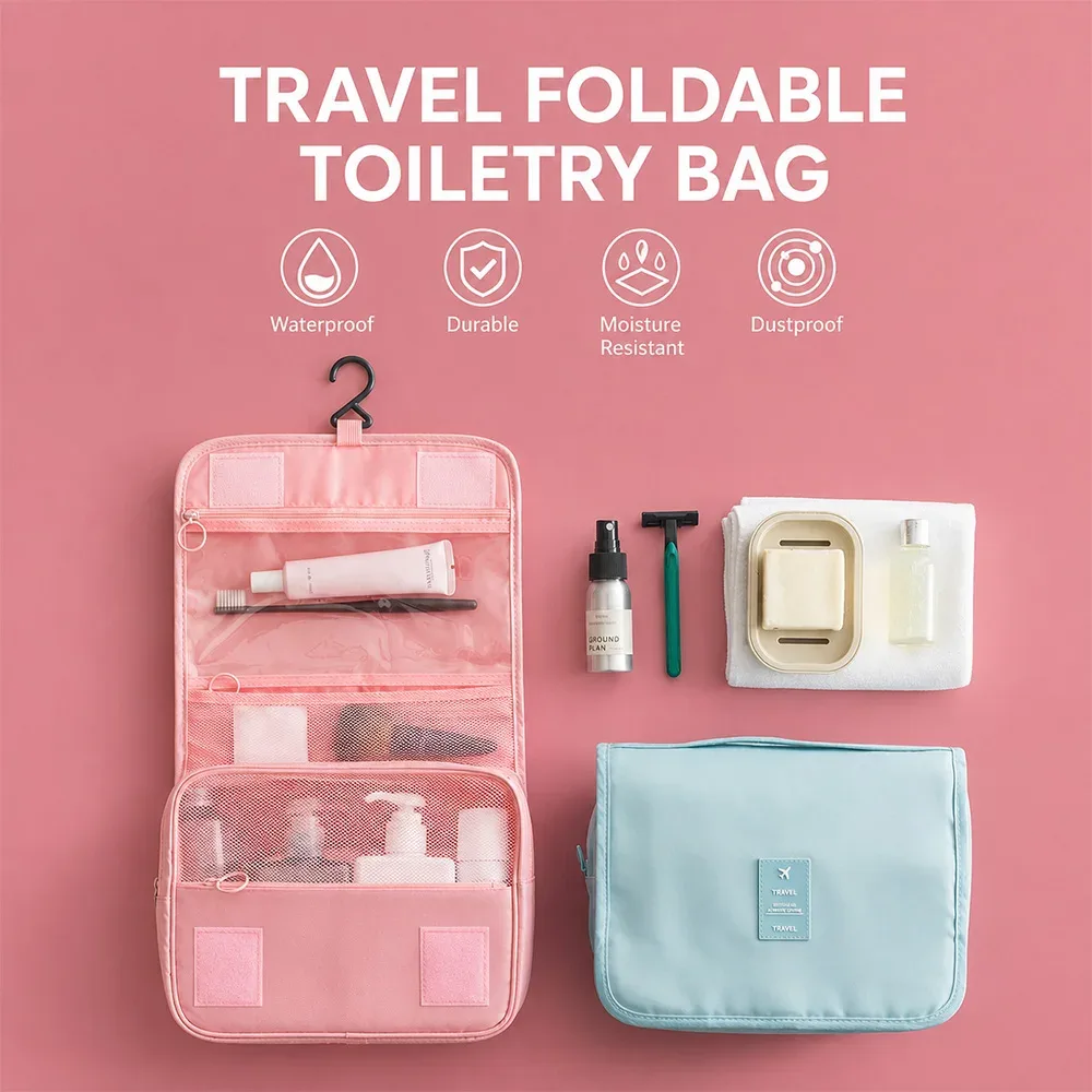 Sac de toilette pliable avec crochet de voyage, sac de rangement multifonctionnel imperméable pour cosmétiques, grande capacité, sac de maquillage portable