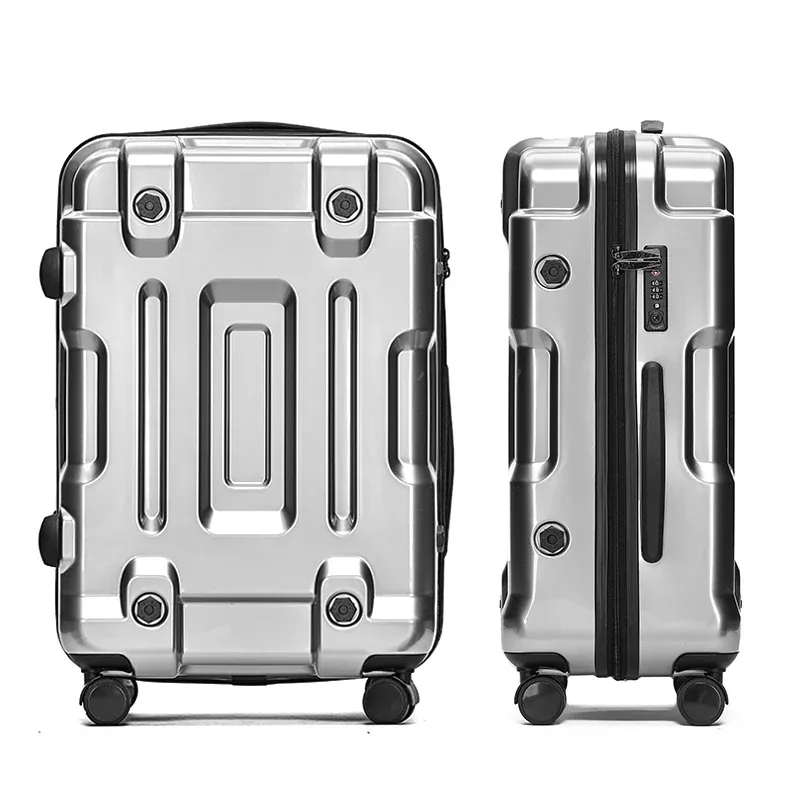 valise aluminium radiateur structure carrée argentée accents noirs lignes verticales horizontales bagages voyage durables