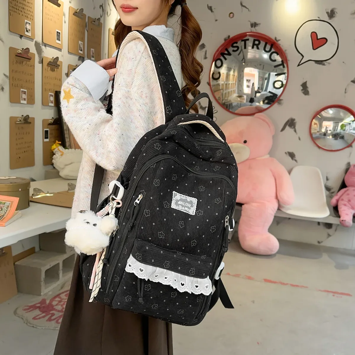 sac à dos décontracté en velours côtelé gris pour femme, motif étoile, breloque ours en peluche, multi-poches, sangle réglable, pour usage quotidien et scolaire 2026