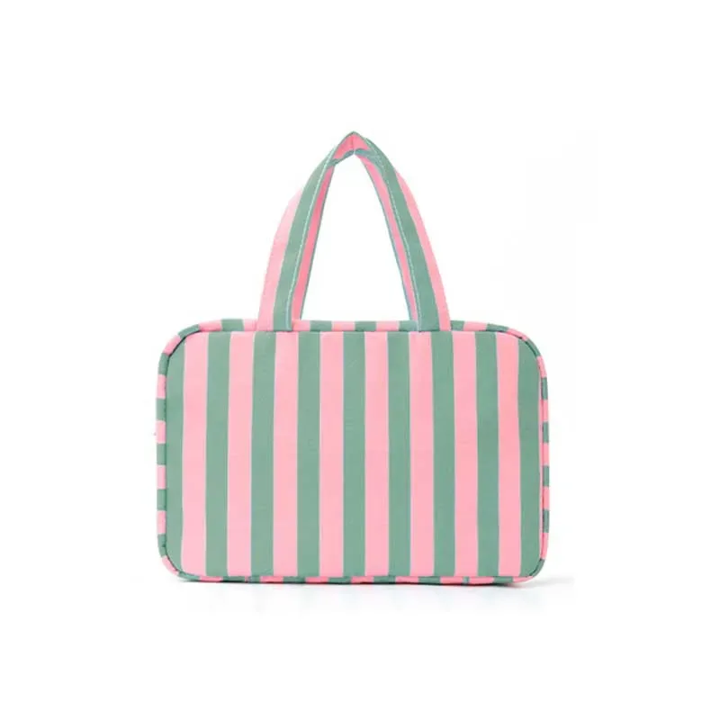 trousse de toilette de voyage suspendue portable 4-en-1 avec crochet, grande capacité, rayée, pour maquillage et cosmétiques