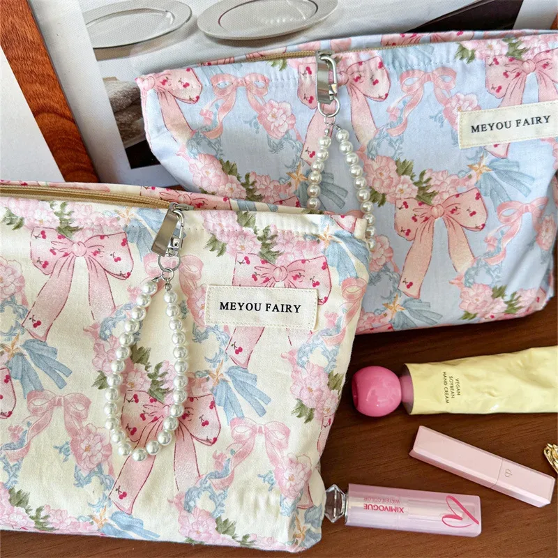 ensemble de 2 trousses de toilette imprimées nœuds, grande et petite, avec chaîne de perles, en tissu, organiseur de maquillage portable pour voyage