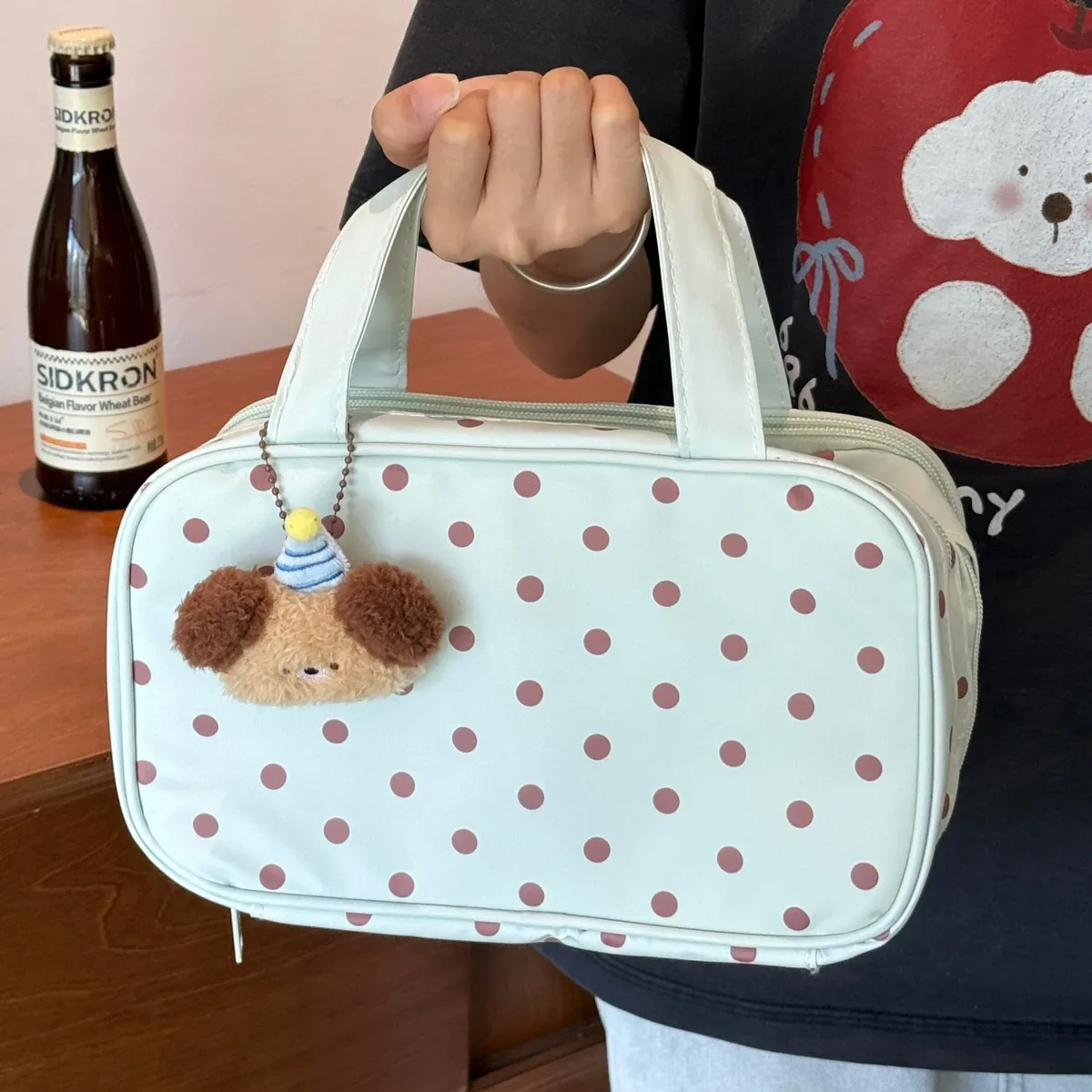 trousse de maquillage vert menthe à pois, grande capacité, compartiment à trois couches, sac de rangement étanche