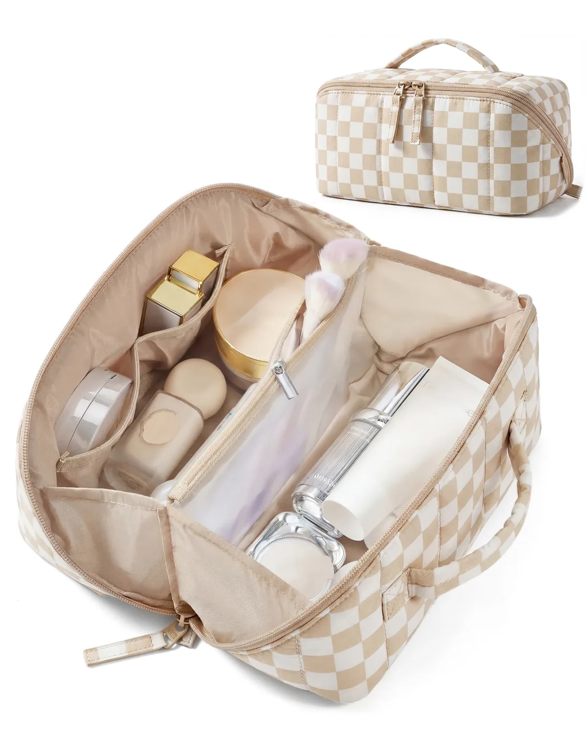 bagsmart trousse de maquillage de voyage matelassée pour femme, ouverture plate, résistante à l'eau, marron, trousse de toilette portable, organiseur de maquillage rembourré