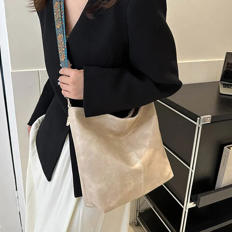 sac à bandoulière en cuir pu pour femmes, vintage, couleur unie, mode, grande capacité, simple, réglable, large sangle, sacs seau