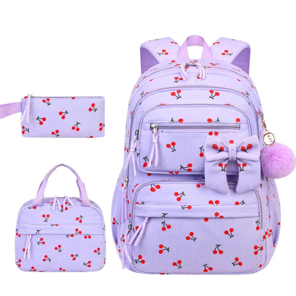 sac dos nylon dessin animé violet cerises rouges sac lunch boîte crayons poignees pompons compartiment isolant visibilite sécurité enfants