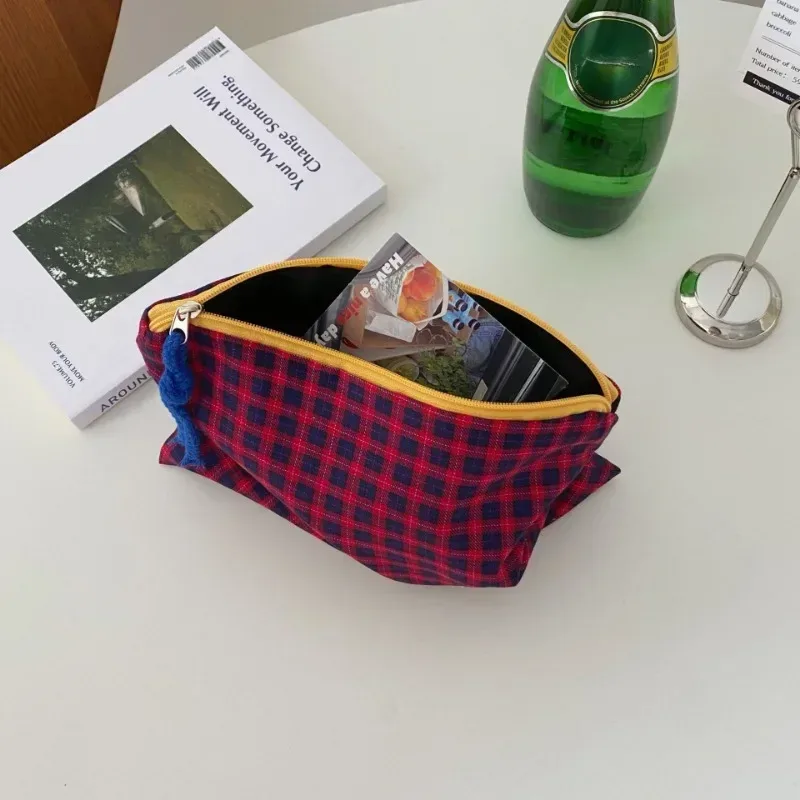 sac de maquillage à carreaux bloquant les couleurs pour femmes, sac de rangement pour pinceaux de maquillage de grande capacité, trousse de toilette pour soins de la peau