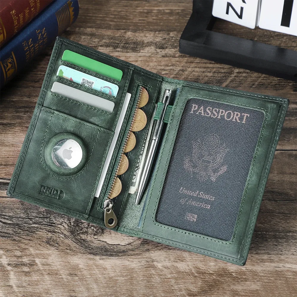 porte-passeport en cuir de vache véritable, portefeuille de voyage avec étui airtag, porte-stylo de poche anti-perte, couverture de passeport bloquant rfid