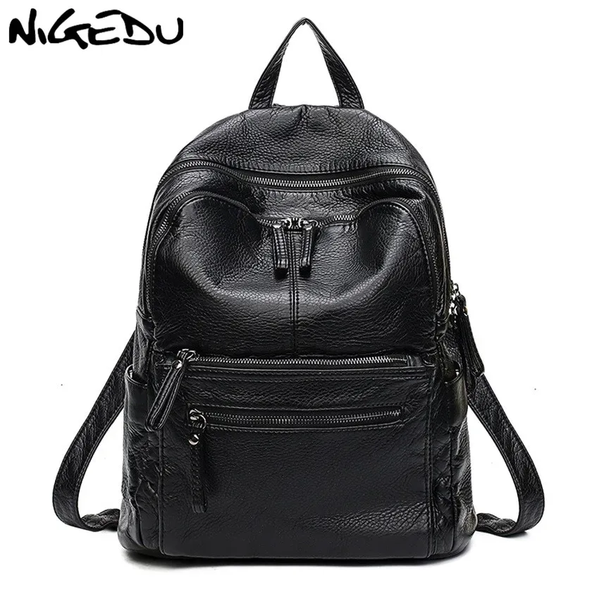 nigedu – sac à dos en cuir pu souple pour femmes, grande capacité, noir, décontracté, pour l'école, pour livres, sac de voyage, sac de jour, mochila