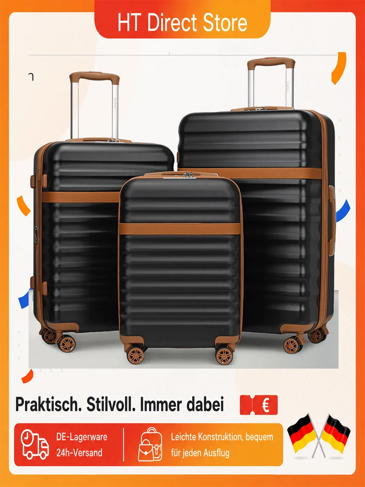 Ensemble de valises rigides KONO 3 pièces en ABS+PC avec 4 roulettes pivotantes et serrure TSA, ensemble de valises trolley 20+24+28 pouces