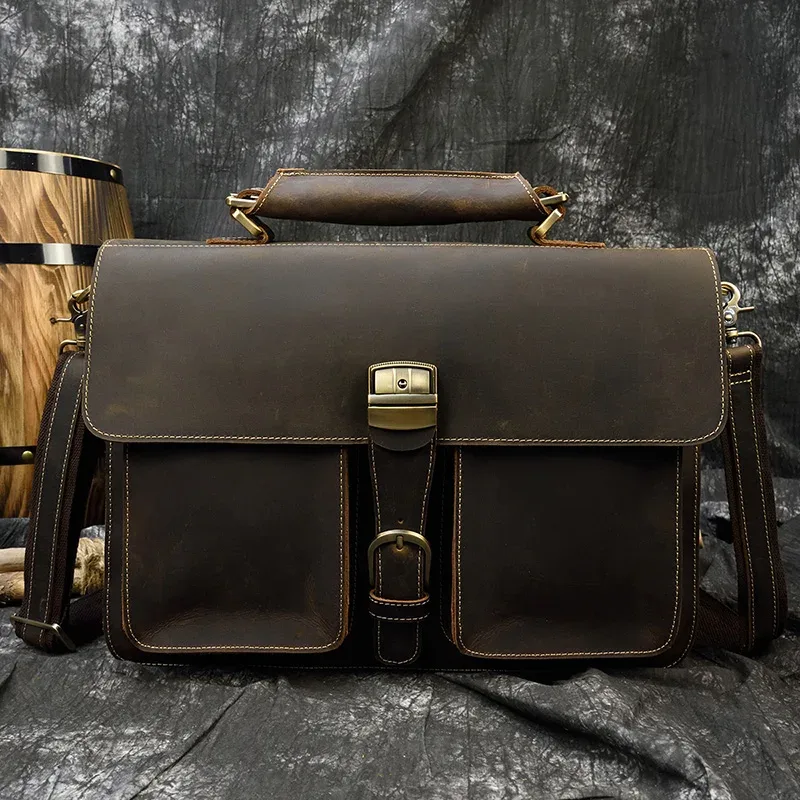 luufan-sac d'ordinateur portable en cuir véritable pour homme, étui à bombes d'affaires, sac de messager en cuir de vache, sac de calcul initié, fourre-tout pour homme, 15 pouces