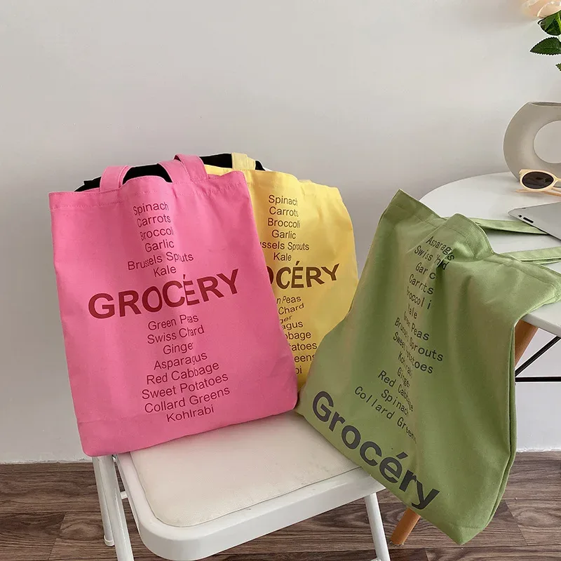 sac de shopping pour femmes, design de liste d'épicerie, sac à bandoulière de couleurs mignonnes pour dames, sac à main en toile écologique, fourre-tout en tissu de coton réutilisable