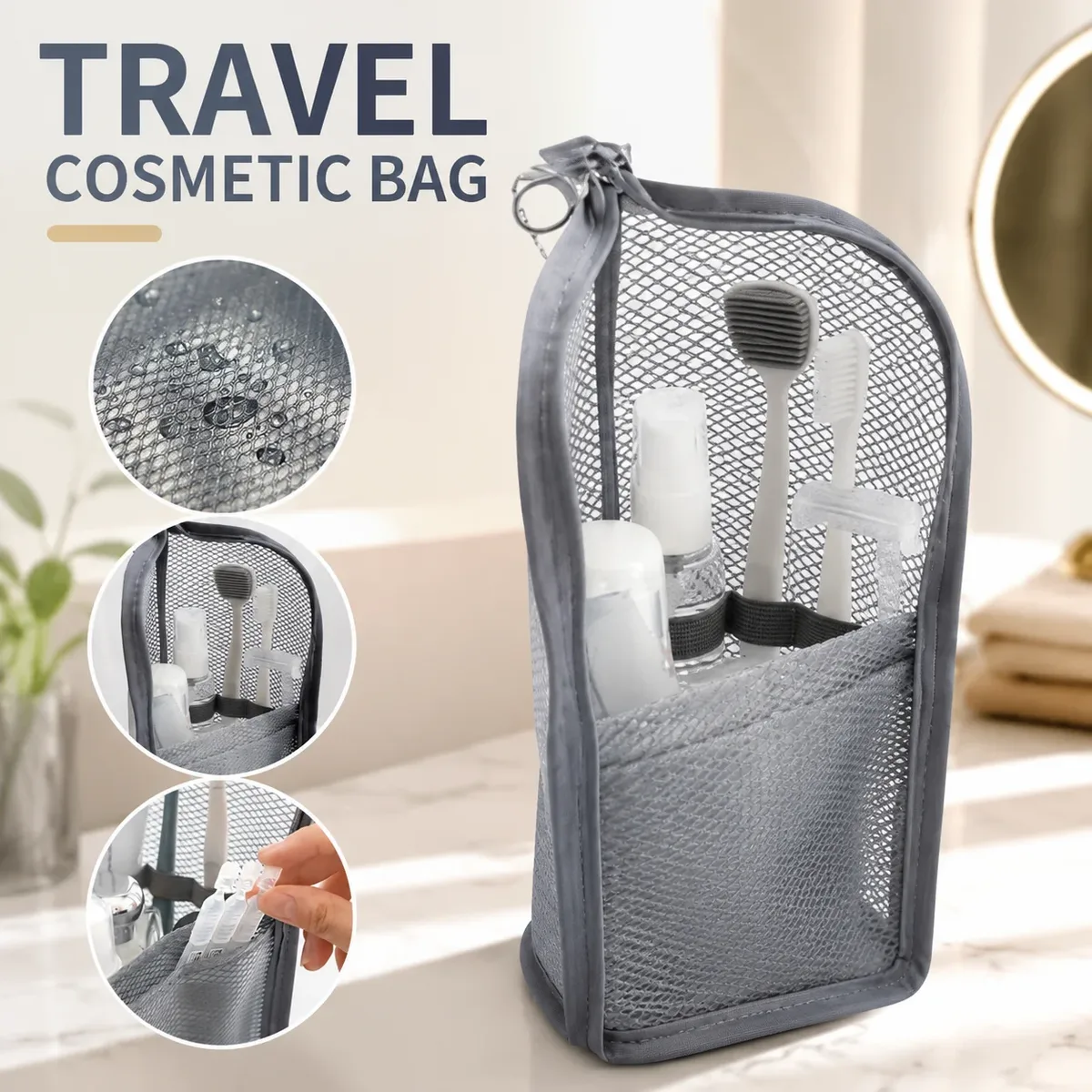 trousse de toilette en maille autoportante, organisateur cosmétique portable pour voyage, pochette de rangement maquillage étanche, étui de voyage lavable