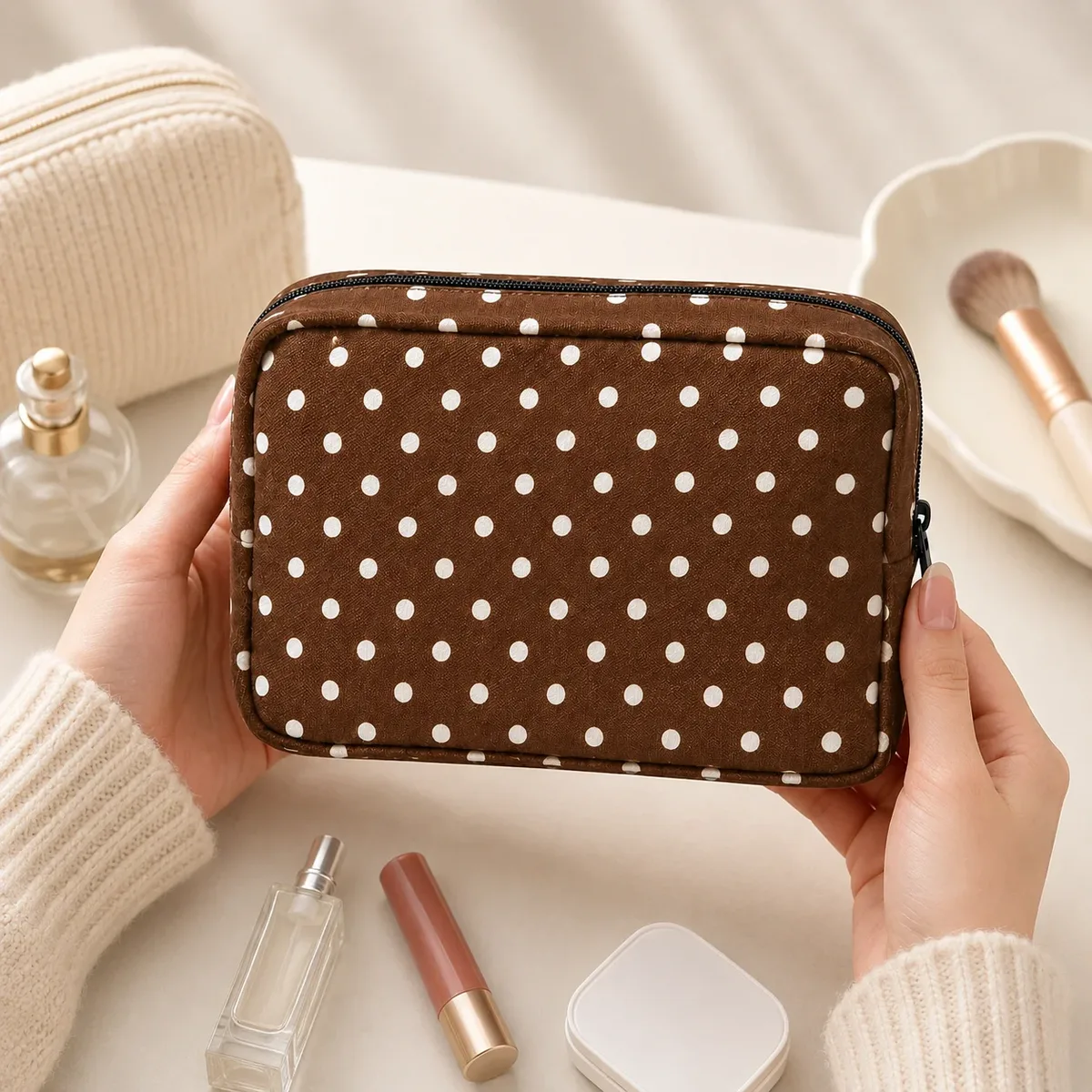 trousse de maquillage marron à pois, pochette portable grande capacité, organisateur de toilette pour femmes, essentiels de beauté quotidiens et de voyage