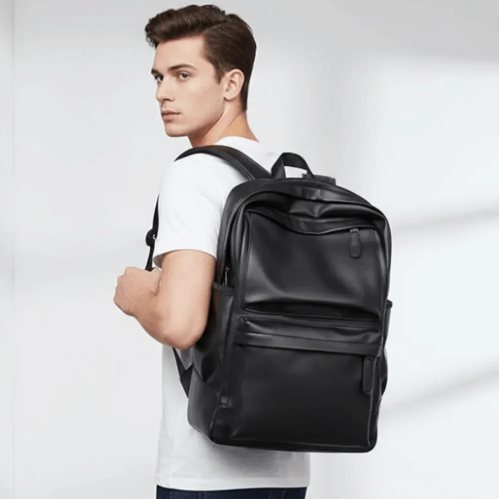sac à dos en cuir pvc pour hommes, bandoulière rembourrée, résistant à l'eau, sac d'école pour ordinateur portable, finition noire, compartiment pour ordinateur portable