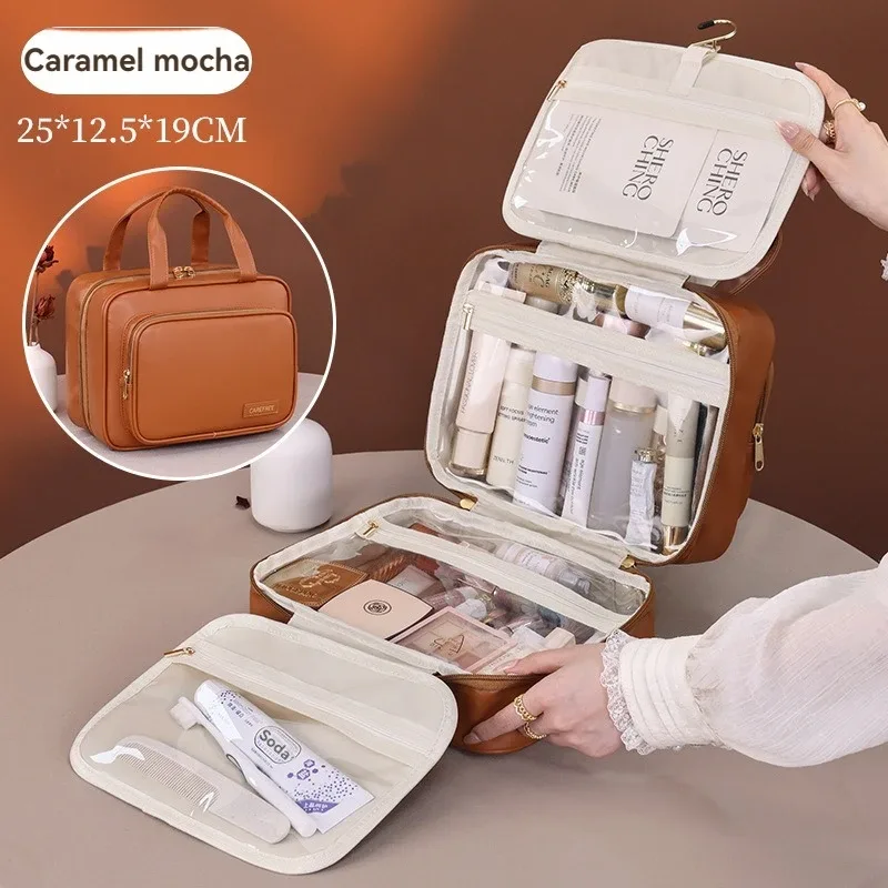 nouveau sac à cosmétiques suspendu en cuir pu pour femmes, rangement portable, organisateur de maquillage, sacs de rangement de toilette de voyage de grande capacité