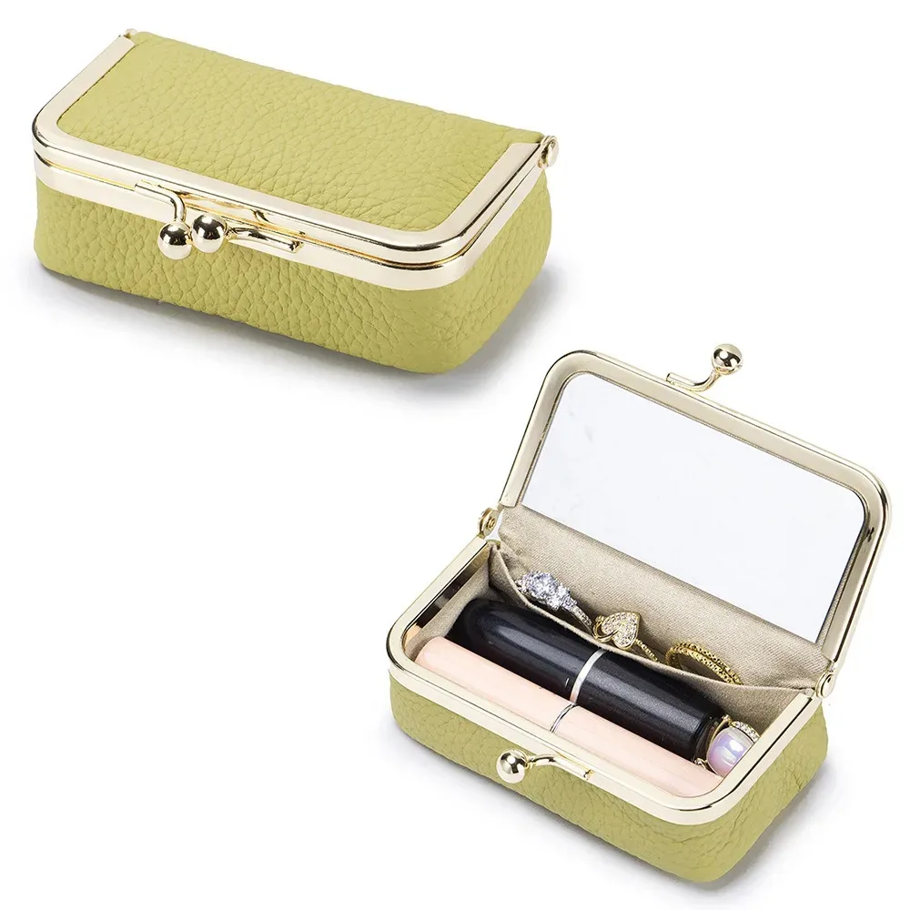 pochette à rouge à lèvres polyvalente et portable, exquise avec miroir de maquillage, sac à bijoux en cuir, couleur unie, sac de rangement anti-perte pour maquillage