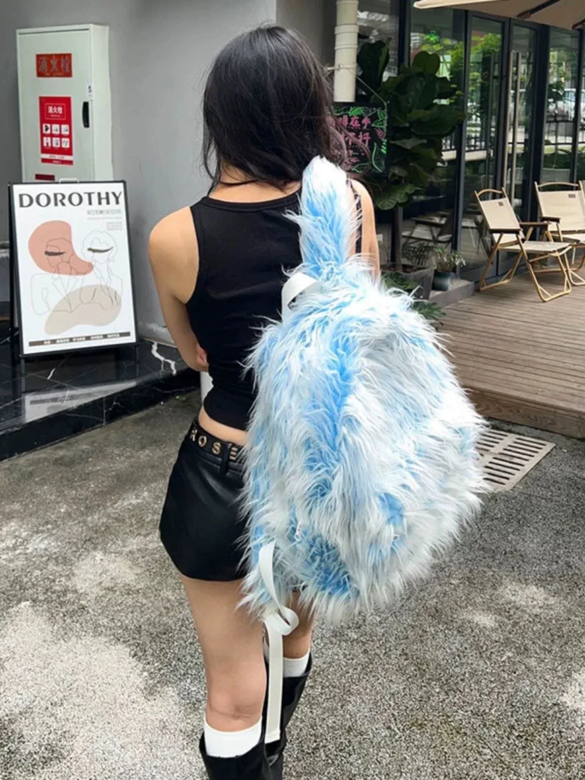 sac dos polyester fourrure synthétique bleu rose voyage ecole université travail bandoulière arquée poche intérieure fermeture éclair