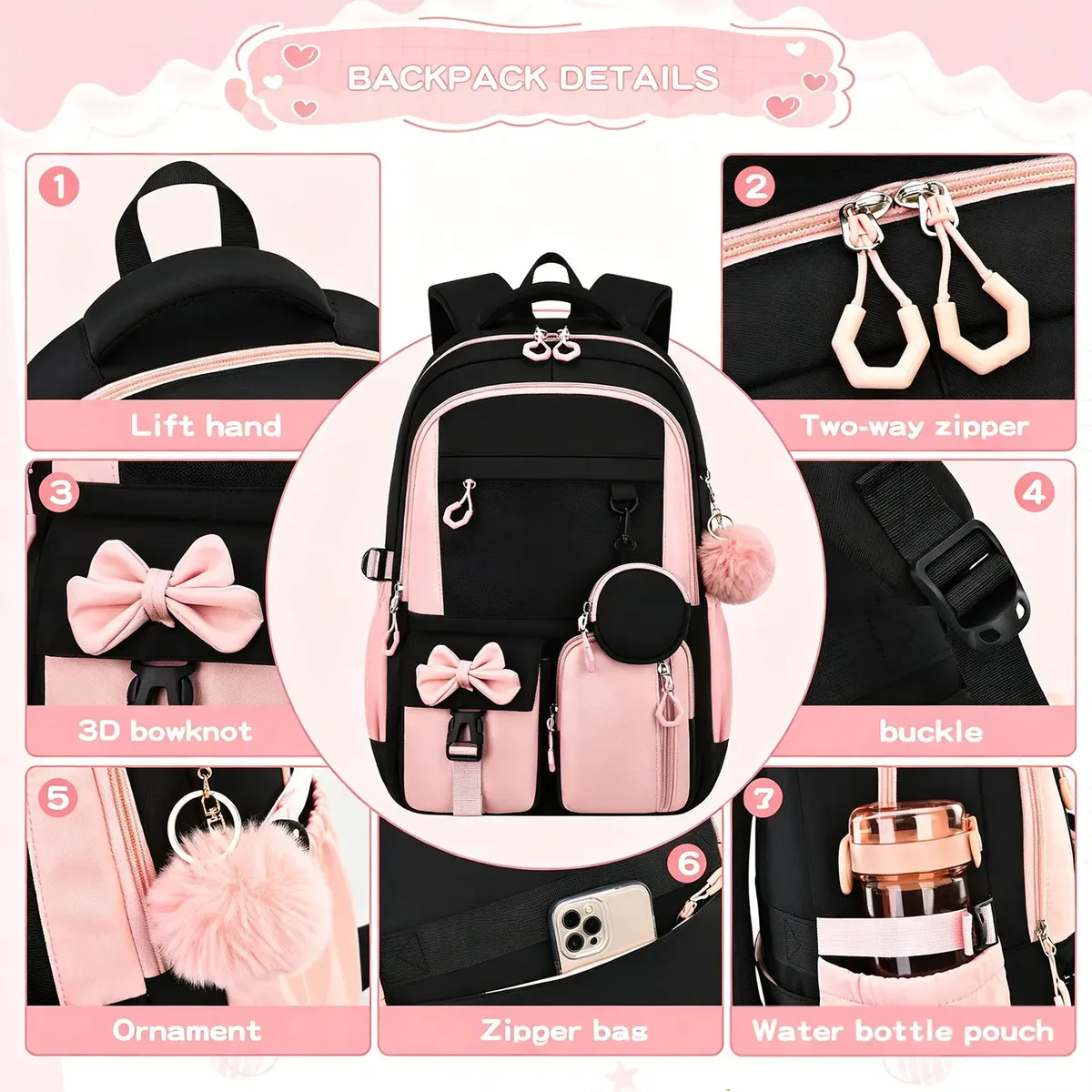sac dos oxford universtité polyester noir rose compartiment ordinateur portable ceinture coussin air style préppy jacquard cadre interne format voyage