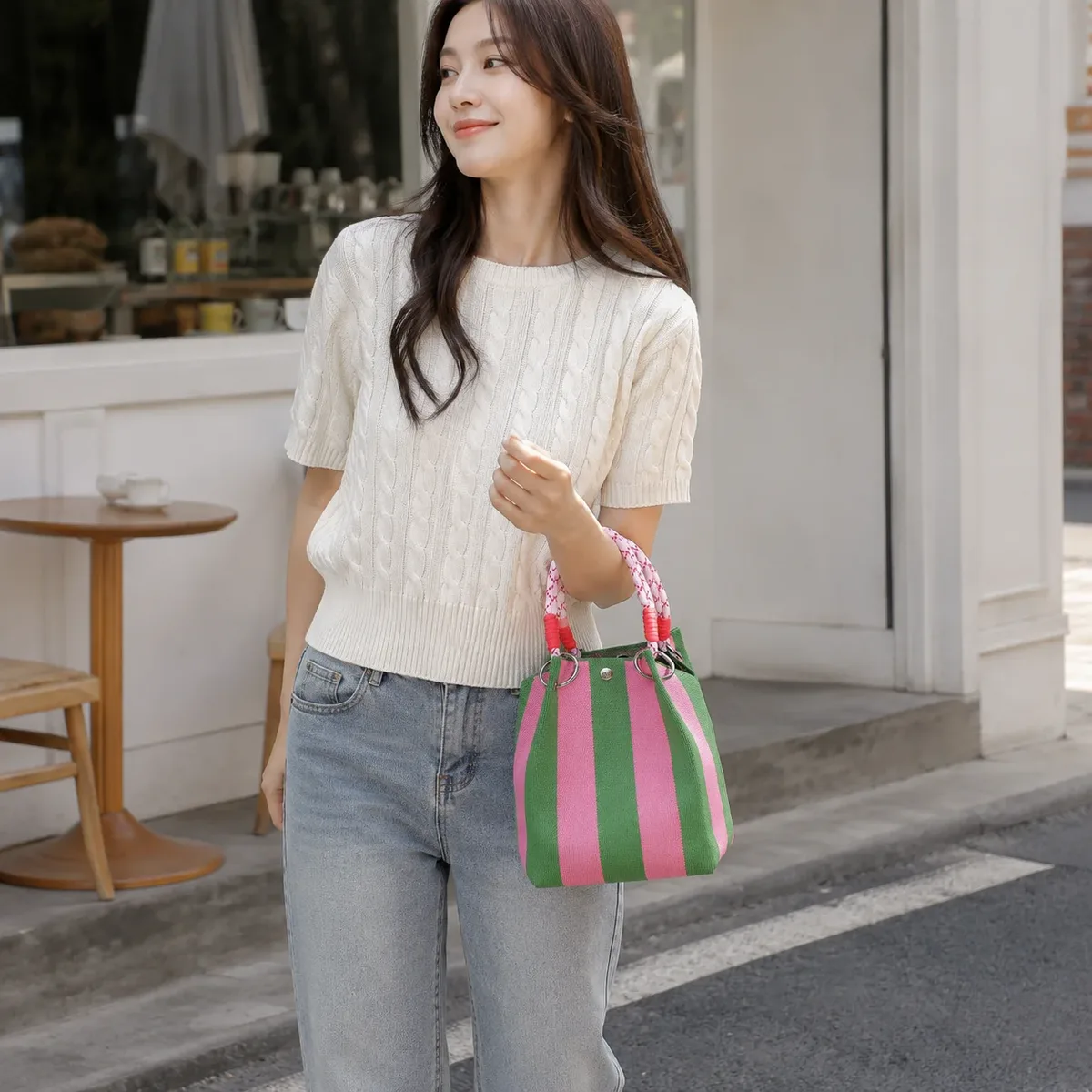 mini sac fourre-tout en tricot style coréen pour femme, sac à main en crochet rayé, sac à bandoulière léger pour l'été, pour les vacances