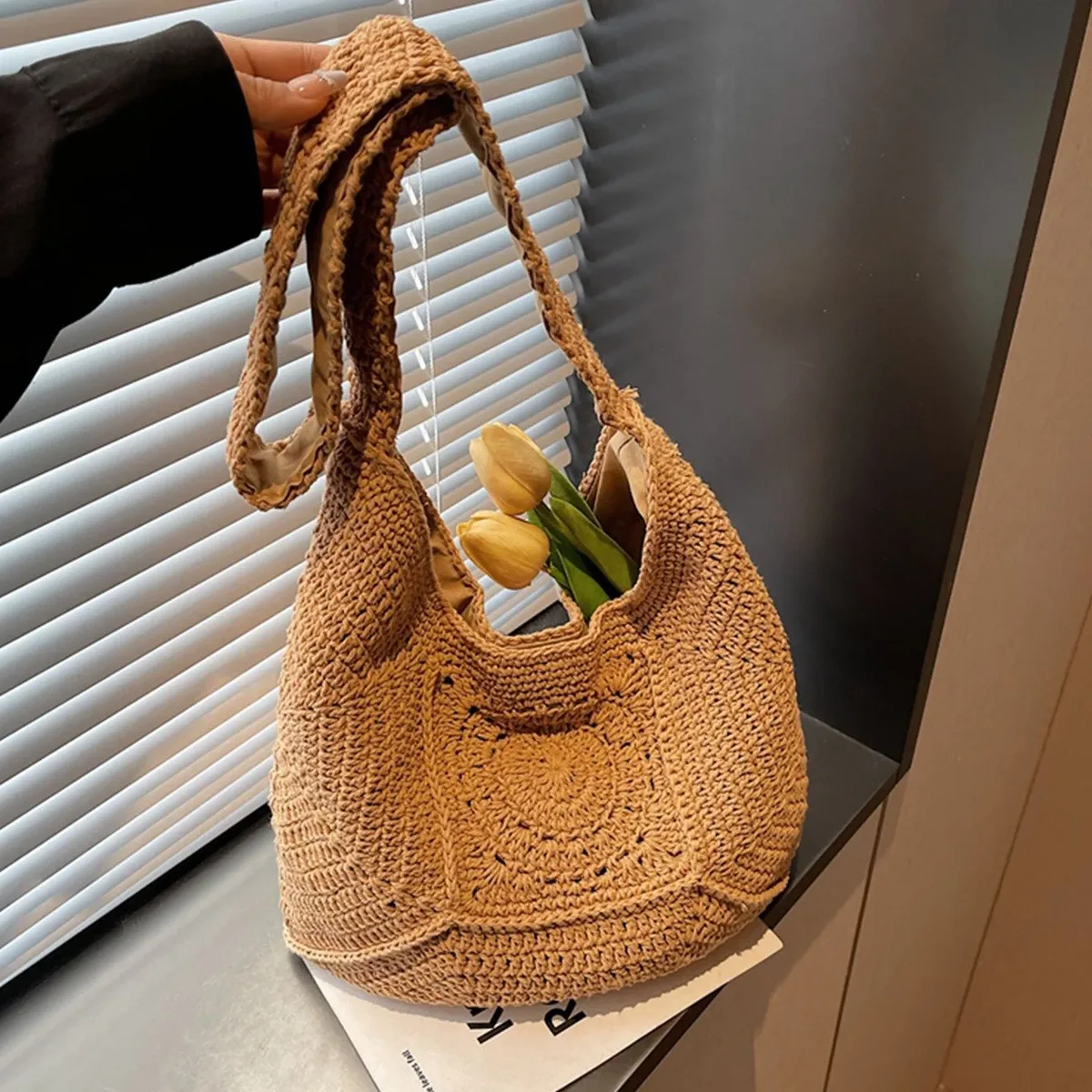 sac fourre-tout tendance rétro en coton tricoté à la main, nouveau style, sac à bandoulière souple pour femme, sac de shopping