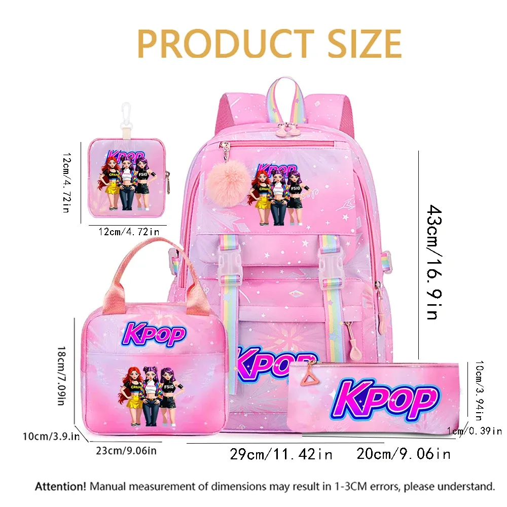 sac dos polyester rose motifs personnages kpop étoiles bandes arc ciel pochette stylos trousse maquillage sac main ensemble scolaire