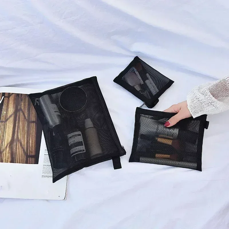 sacs de maquillage de lavage de toilette, trousse de maquillage en maille transparente noire, pochette de rangement, sac à cosmétiques de voyage pour femmes, fermeture éclair décontractée