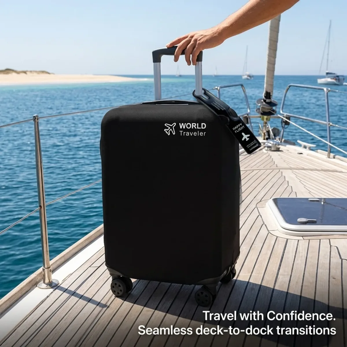 housse valise protection tissu non tissé noire logo avion étiquette bagage texte happy flight identification voyage
