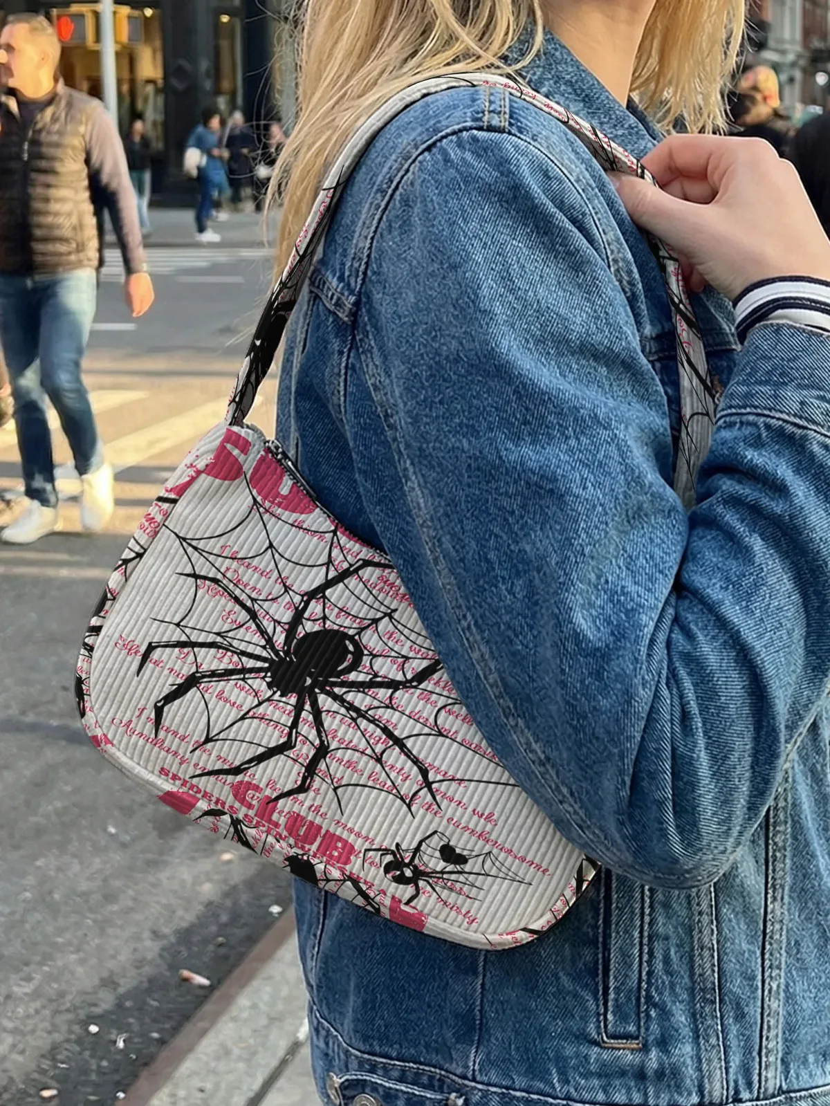 sac à bandoulière tendance à imprimé araignée, sac sous le bras en velours côtelé beige pour un usage quotidien décontracté