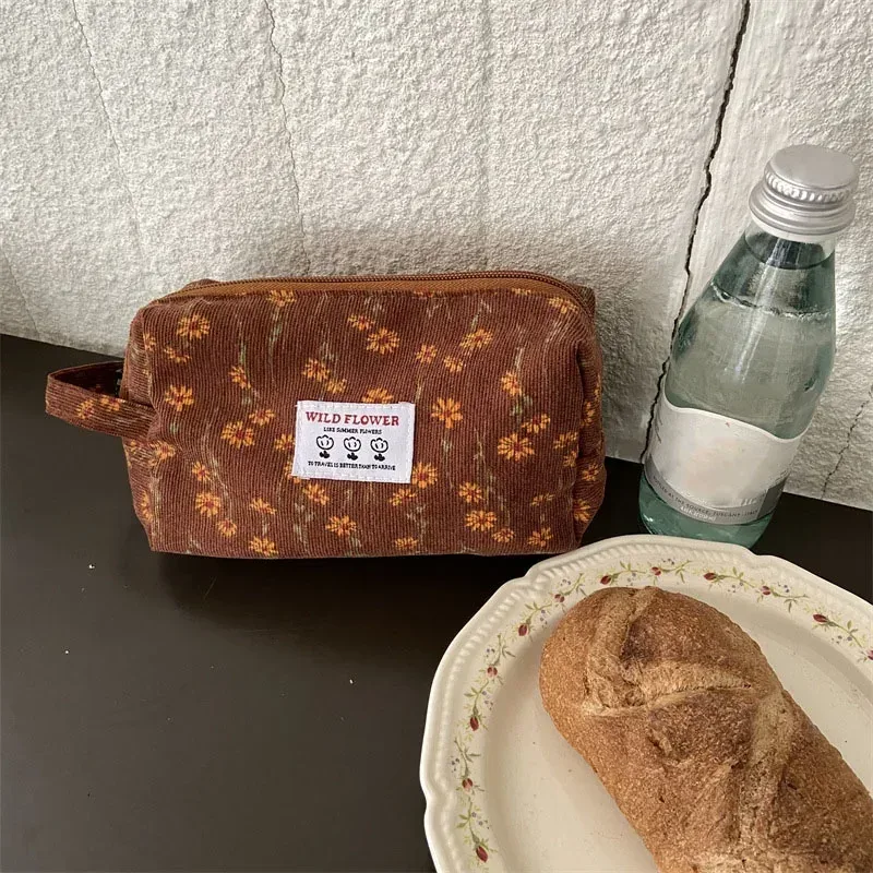 sacs de maquillage en velours côtelé pour femmes, sac à cosmétiques imprimé floral, trousse à crayons, trousse de toilette de voyage, sac de rangement, organisateur, trousse de beauté