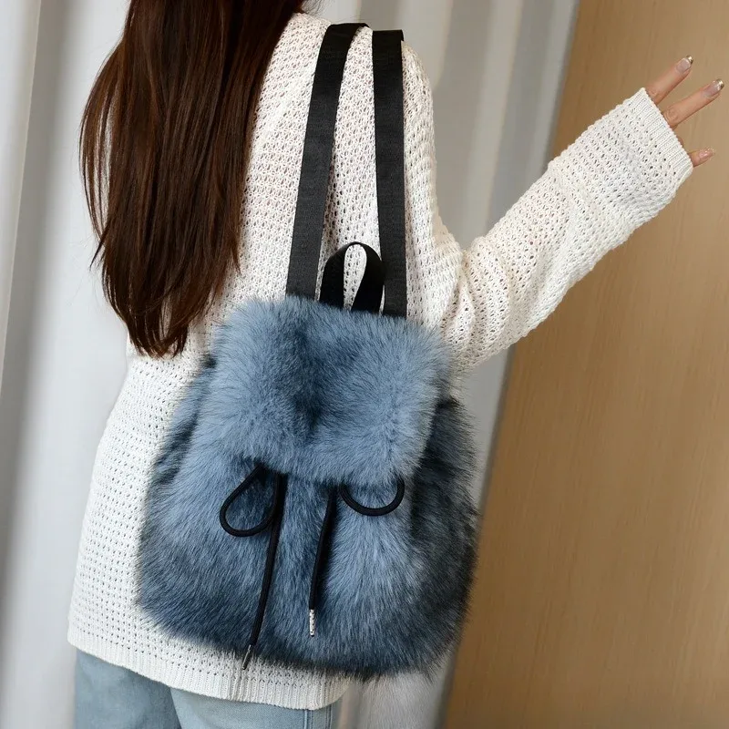 y2k sac à dos en peluche femmes petit mignon cordon léopard moelleux sac solide doux polaire sac à dos hiver chaud fausse fourrure mini sac à dos