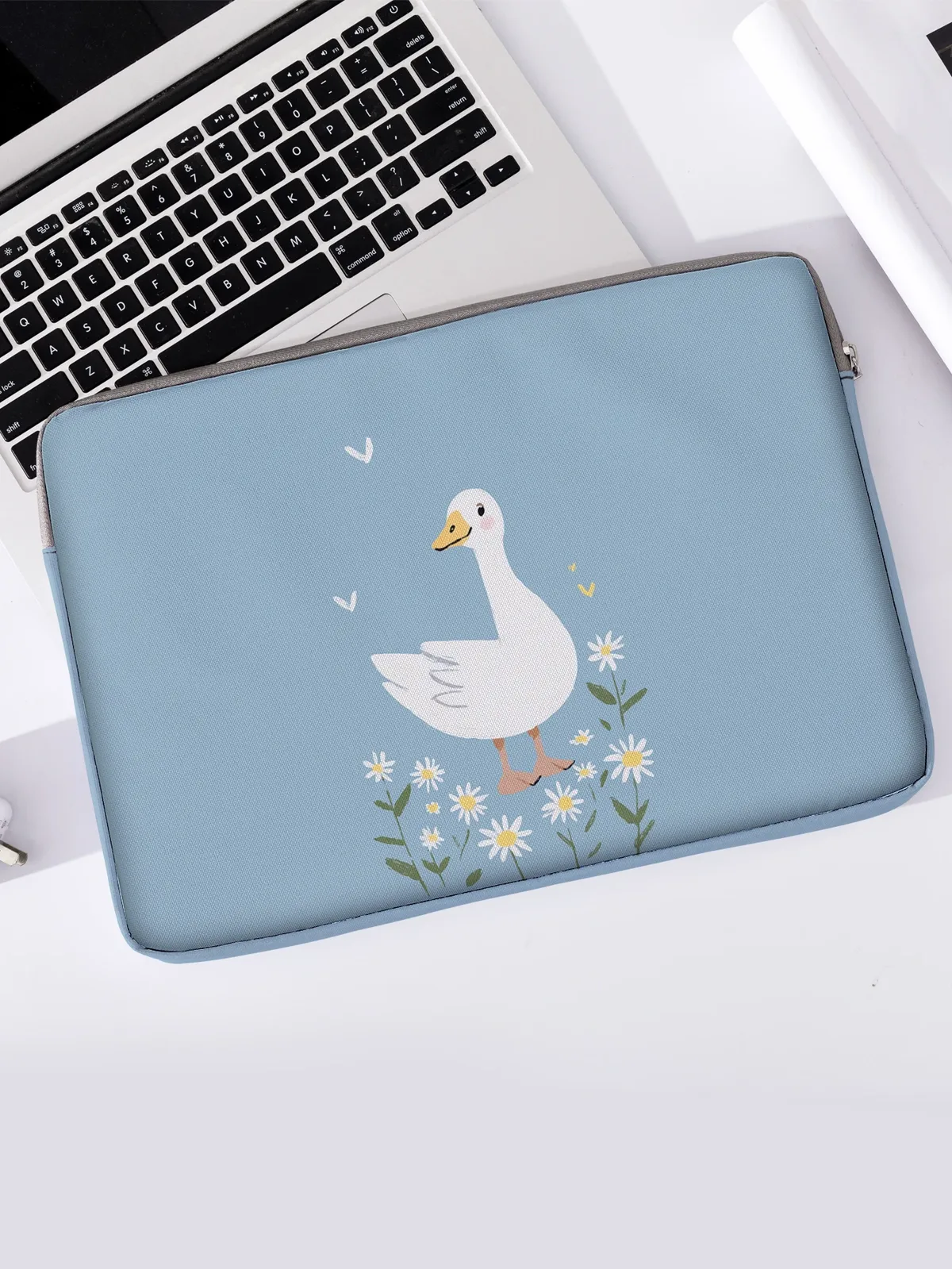un ensemble, deux styles, housse pour ordinateur portable imprimée avec motif de canard blanc et de marguerites, mallette, adaptée aux ordinateurs portables de 14 pouces