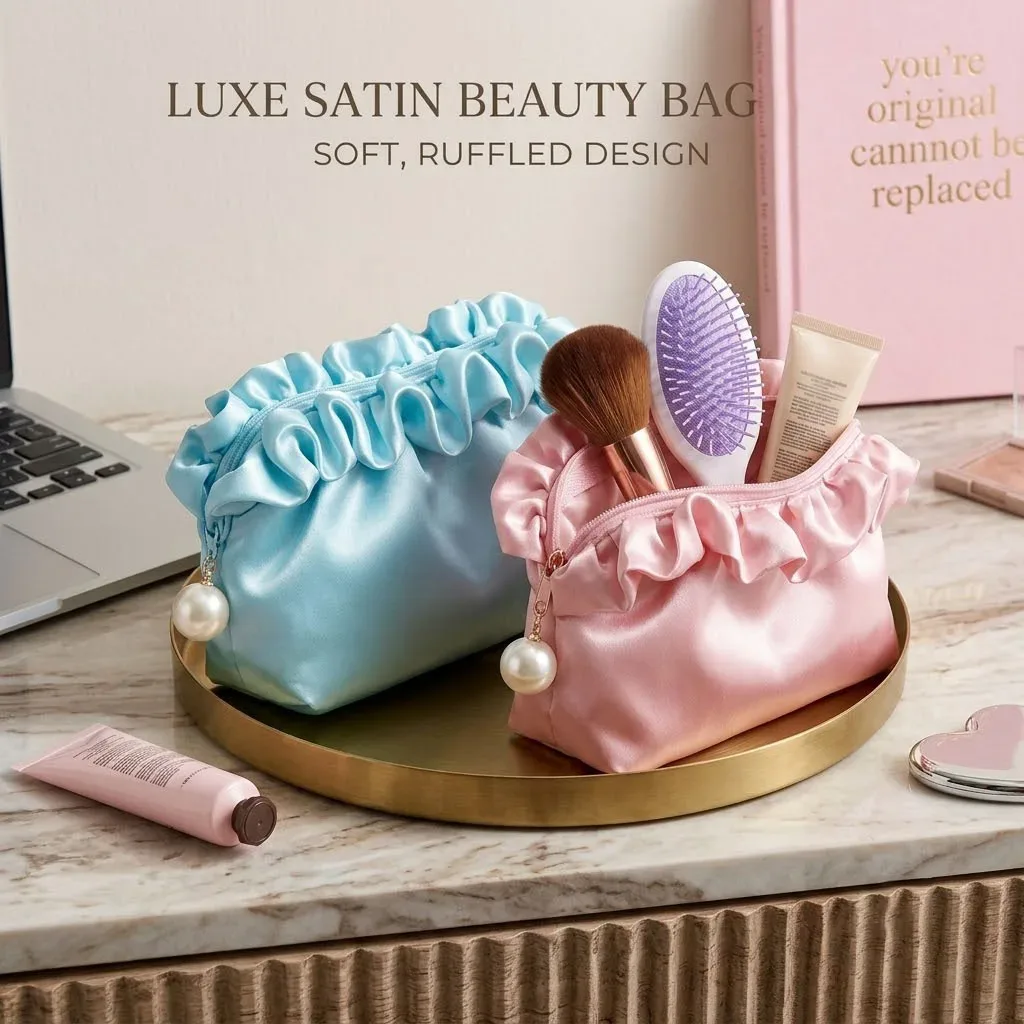 trousse de toilette de voyage pour femme grande capacité en soie satinée, pochette cosmétique plissée effet nuage, sac de maquillage portable, pochette de rangement pour soins de la peau