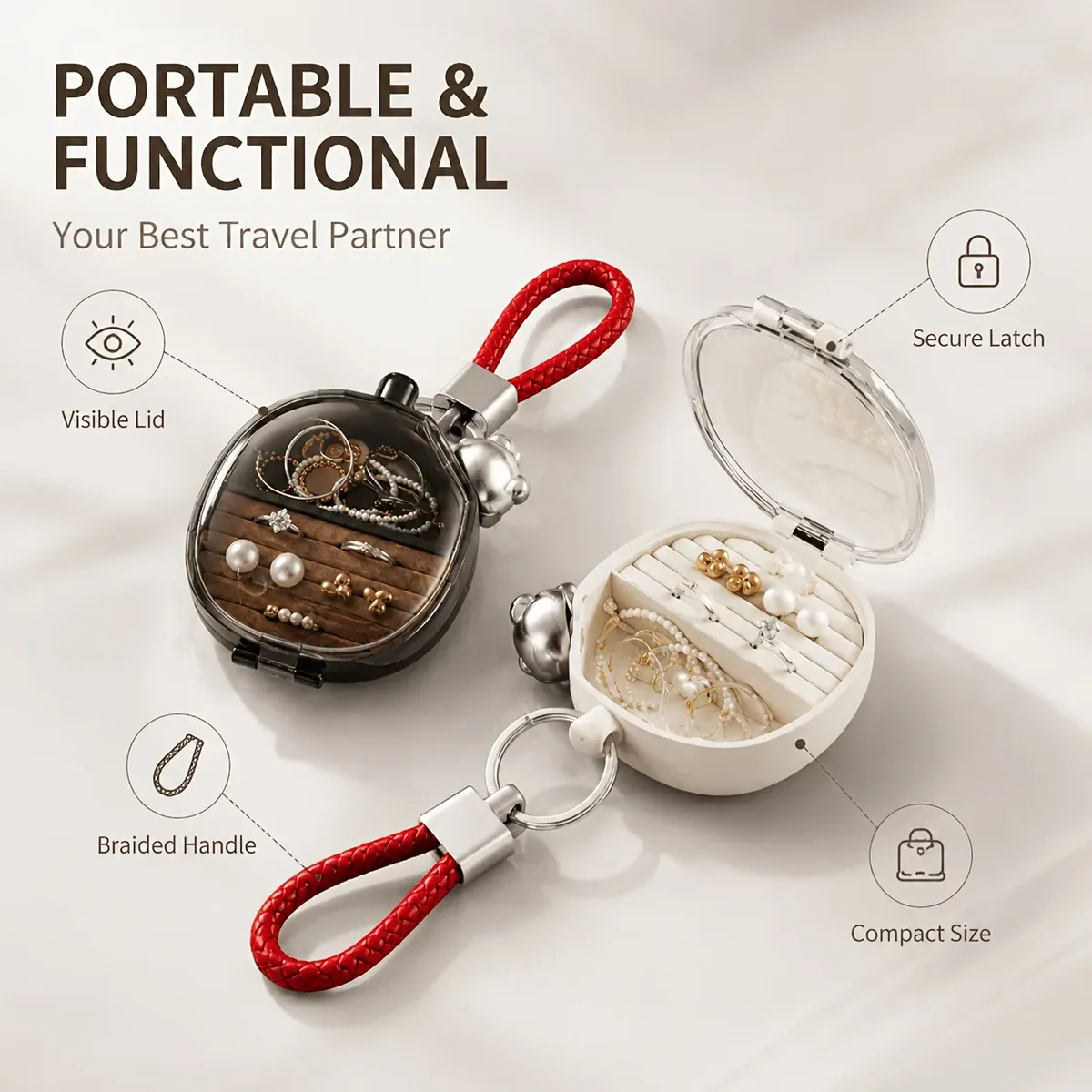 Mini boîte à bijoux de voyage avec couvercle transparent, étui portable pour bagues avec fermoir sécurisé, organisateur porte-clés pour sac à main et sac de sport