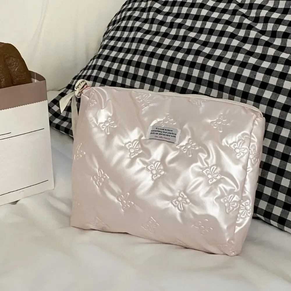 sac à cosmétiques élégant en matériau pu, compartiment de rangement, décoration d'arc, trousse de toilette, trousse de maquillage multifonction, organization quotidienne