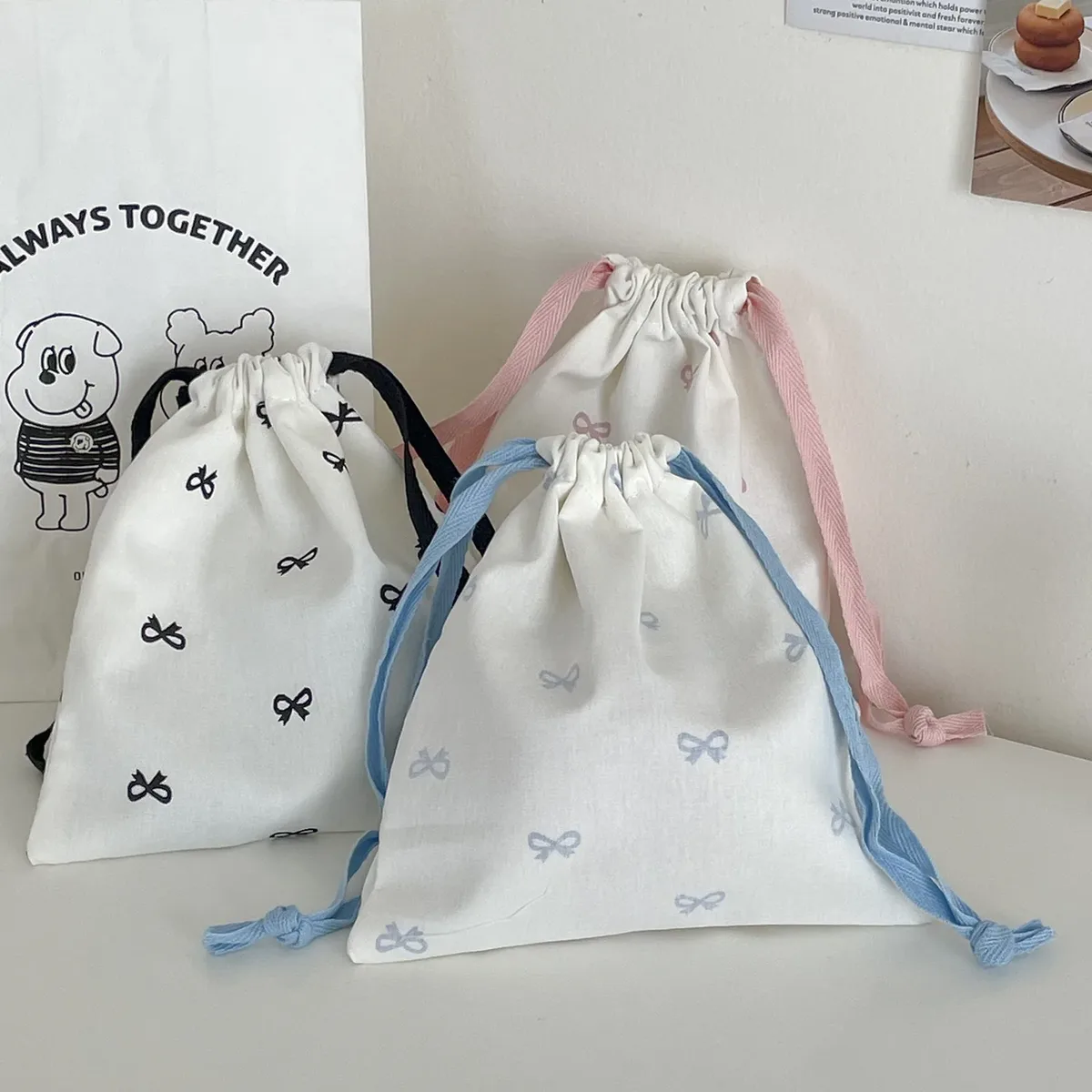 sac de rangement en toile avec nœud imprimé pour femme, sacs à main mignons pour filles d'université, sacs à cordon de proximité, étui de maquillage de voyage portable simple pour femme